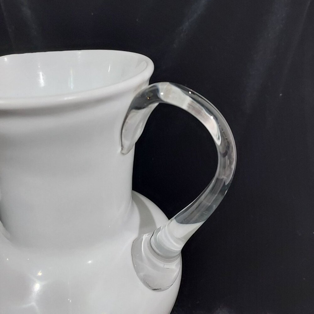Antique Milk Glass Pitcher Applied Clear Handle Cottage Core Embossed Fruit - Picture 8 of 10